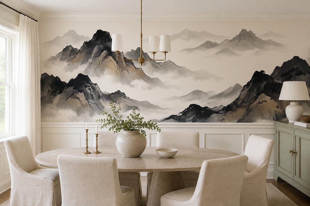 Ink Cream Black Mountains Wallpaper Mural - room view 2
