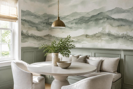 Layered Sage Green Mountains Wallpaper Mural - room scene