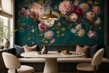 Artistic Flowers On Teal Plaster Wallpaper Mural - image 3