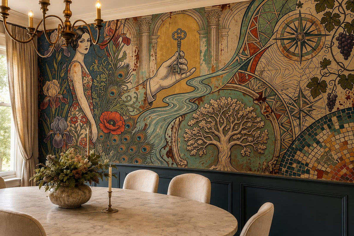Teal Art Nouveau Woman Compass Wallpaper Mural - room scene