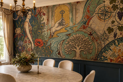 Teal Art Nouveau Woman Compass Wallpaper Mural - room scene