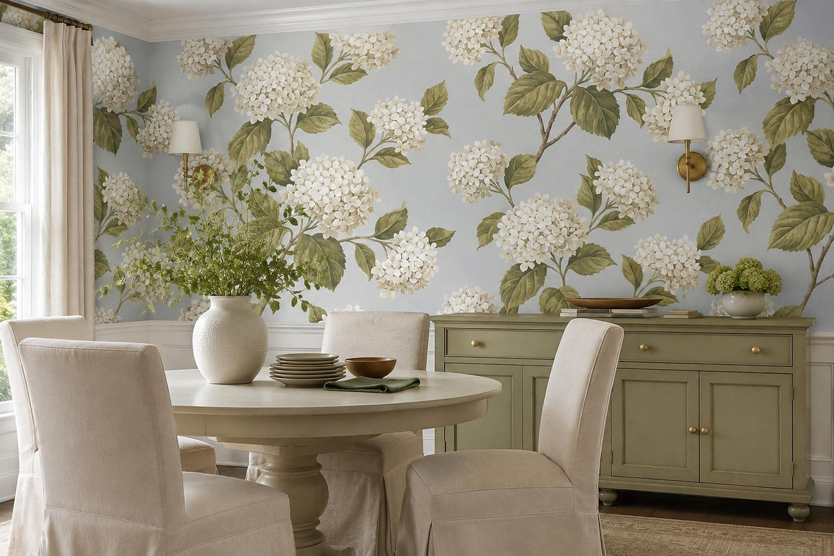 White Hydrangea Blossoms Wallpaper Mural - room view 2