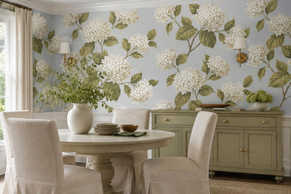 White Hydrangea Blossoms Wallpaper Mural - room view 2