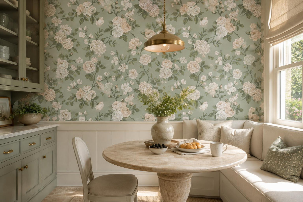 Calm White Roses and Hydrangeas Wallpaper Mural - image 3