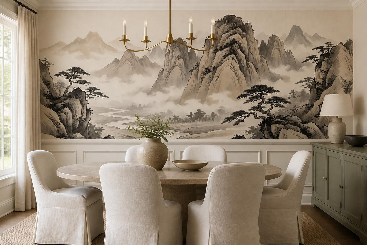 Cream Black Ink Mountains River Wallpaper Mural - room view 2