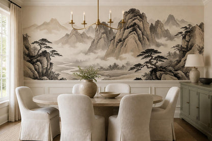 Cream Black Ink Mountains River Wallpaper Mural - room view 2