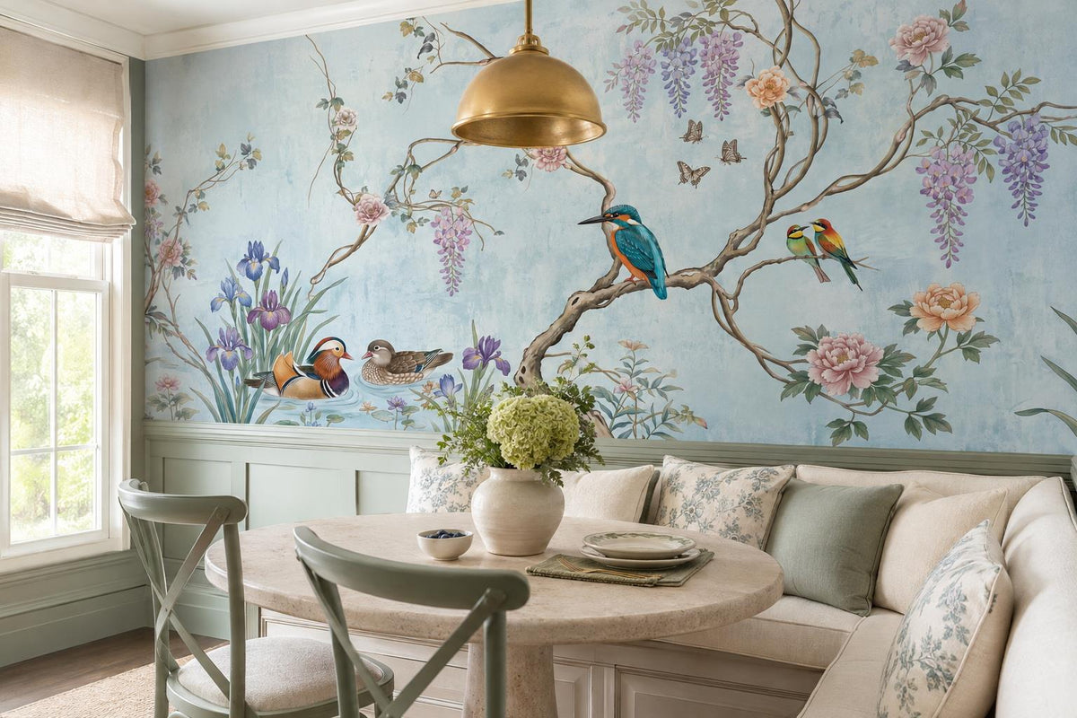 Tranquil Kingfisher Ducks and Wisteria Wallpaper Mural - image 1