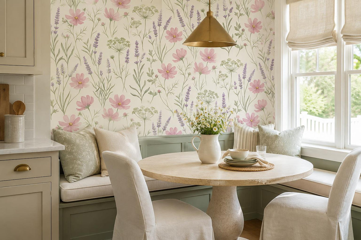 Cosmos Lavender Meadow Flowers Wallpaper Mural - room scene