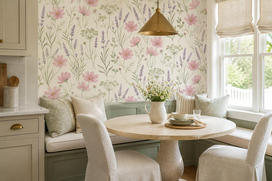 Cosmos Lavender Meadow Flowers Wallpaper Mural - room scene