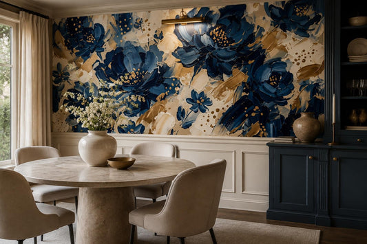 Bold Navy Impasto Flowers Wallpaper Mural - image 1