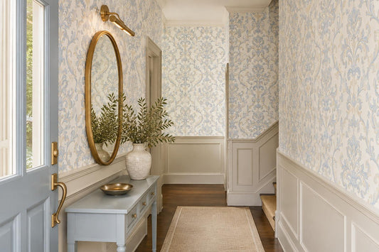 Refined Blue Gold Damask Scrolls Wallpaper Mural - image 1