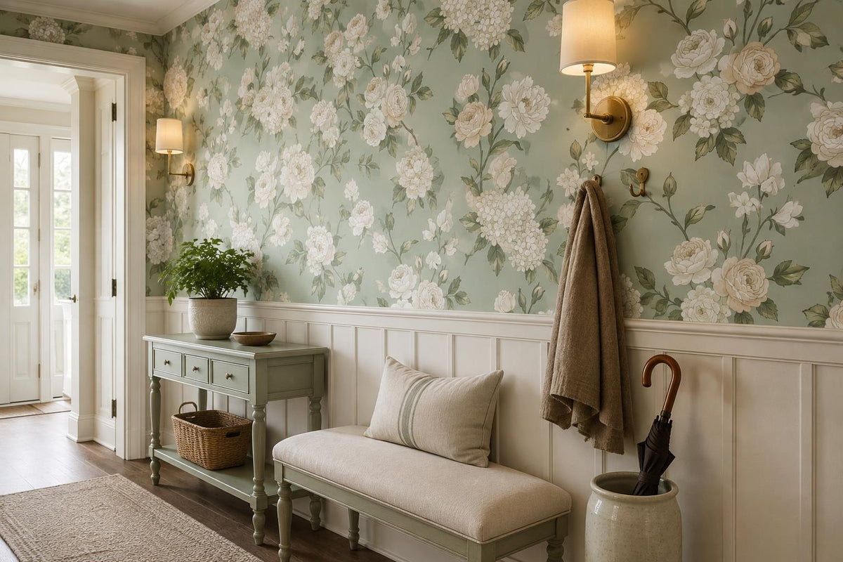 Calm White Roses and Hydrangeas Wallpaper Mural - image 4