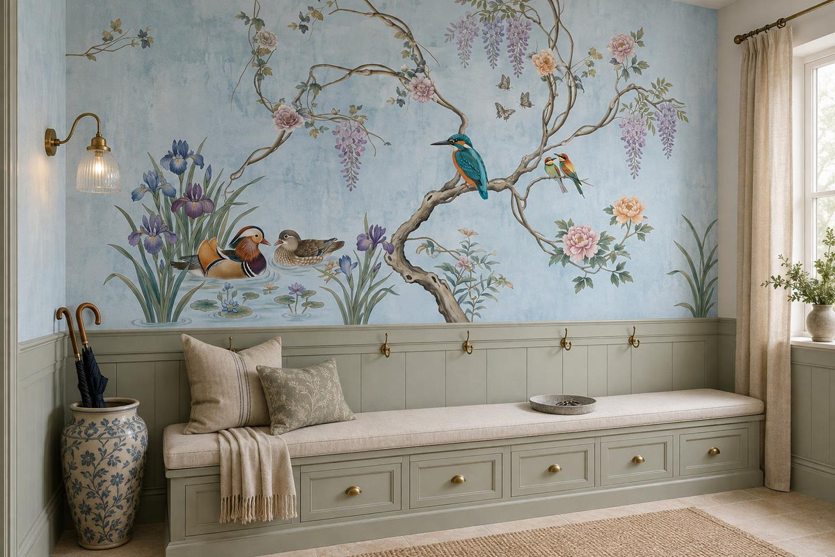 Tranquil Kingfisher Ducks and Wisteria Wallpaper Mural - image 3