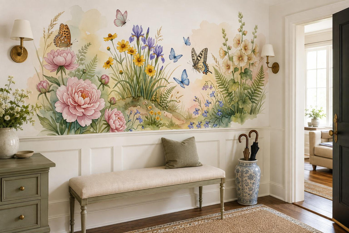 Bright Garden Flowers and Butterflies Wallpaper Mural - image 1