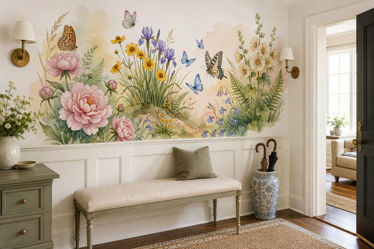 Bright Garden Flowers and Butterflies Wallpaper Mural - image 1