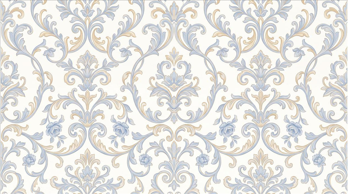 Refined Blue Gold Damask Scrolls Wallpaper Mural - image 2
