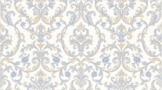 Refined Blue Gold Damask Scrolls Wallpaper Mural - image 2
