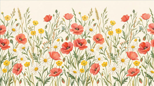 White Poppies Daisies Wallpaper Mural - pattern detail