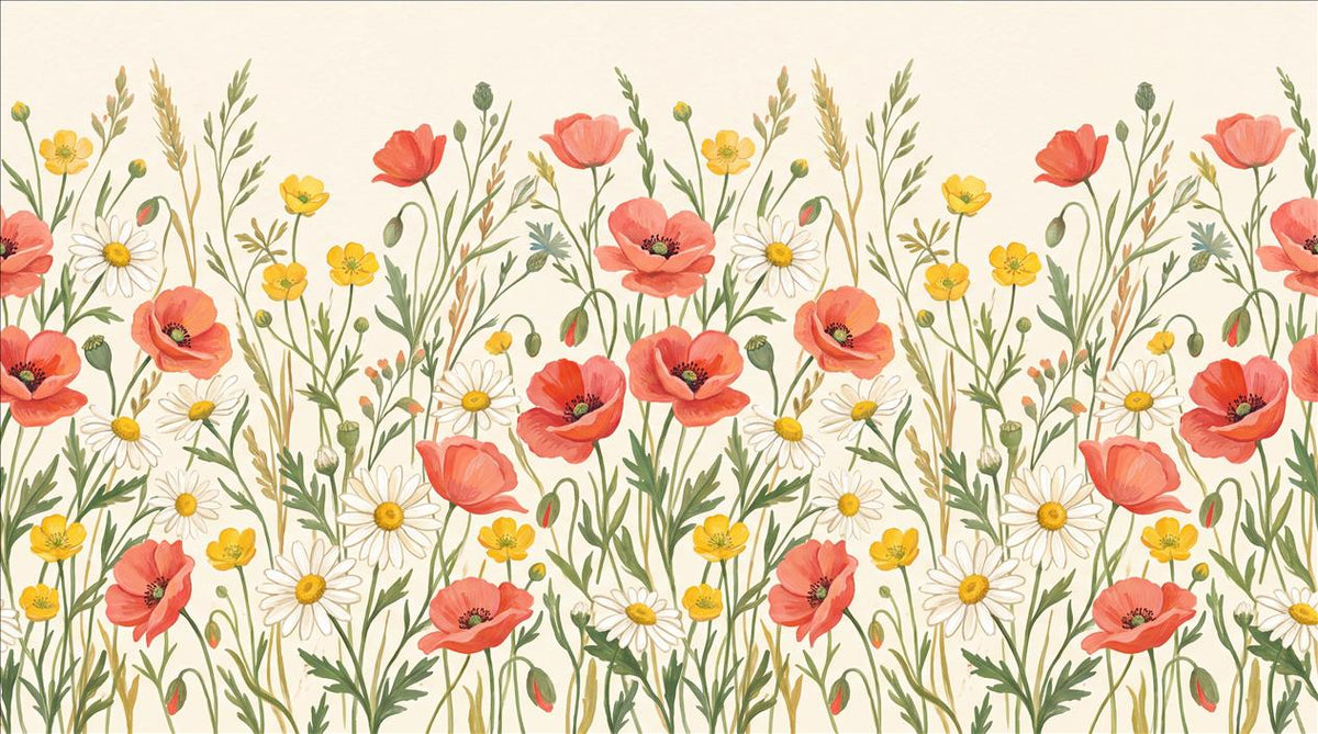 White Poppies Daisies Wallpaper Mural