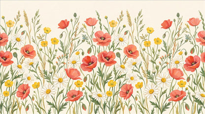 White Poppies Daisies Wallpaper Mural - pattern detail