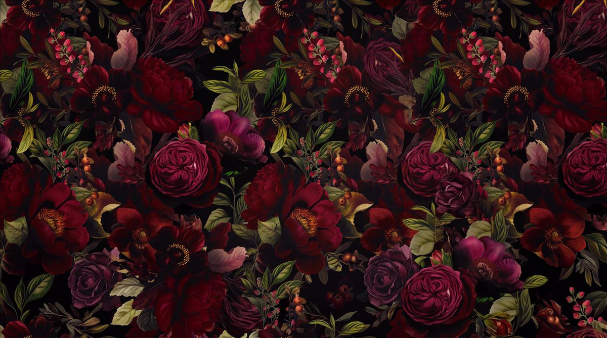 Dramatic Dark Roses and Foliage Wallpaper Mural