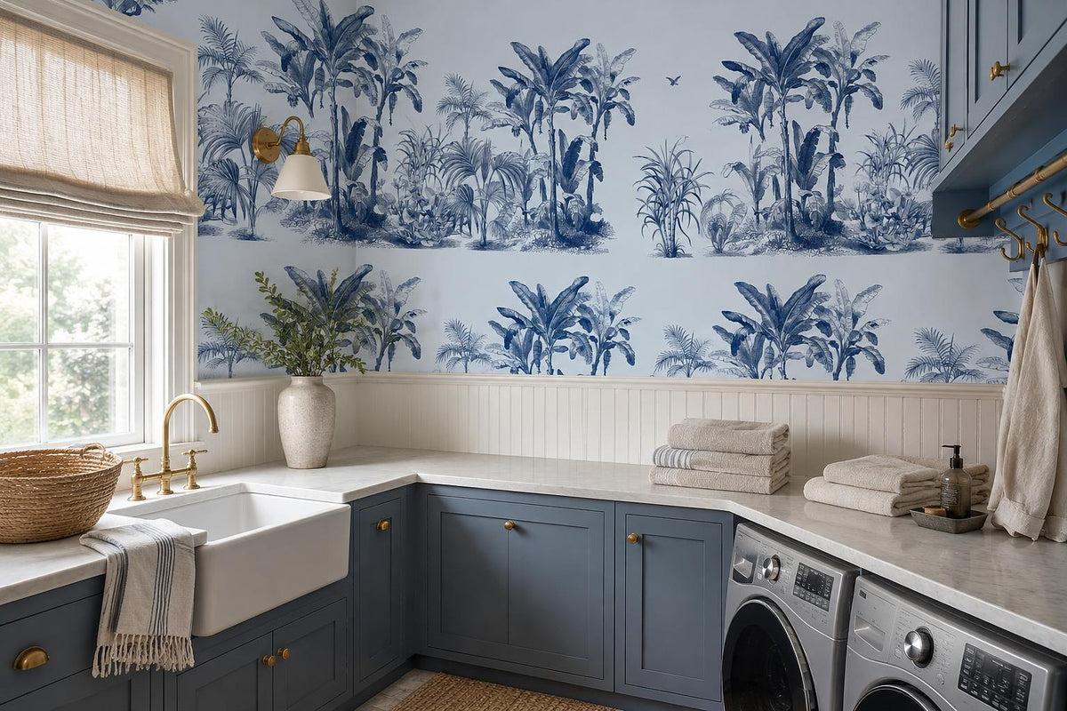Blue Tropical Plants Wallpaper Mural - room view 3