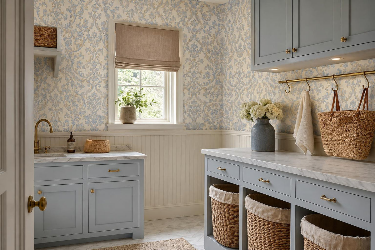 Refined Blue Gold Damask Scrolls Wallpaper Mural - image 3