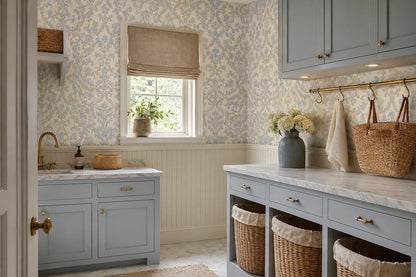 Refined Blue Gold Damask Scrolls Wallpaper Mural - image 3