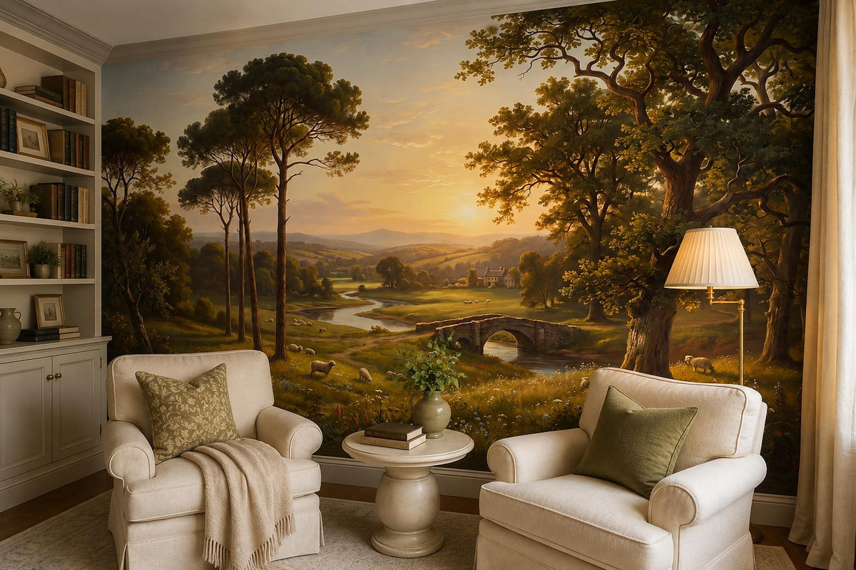 Gold Sunset River Pines Oak Wallpaper Mural - room view 3