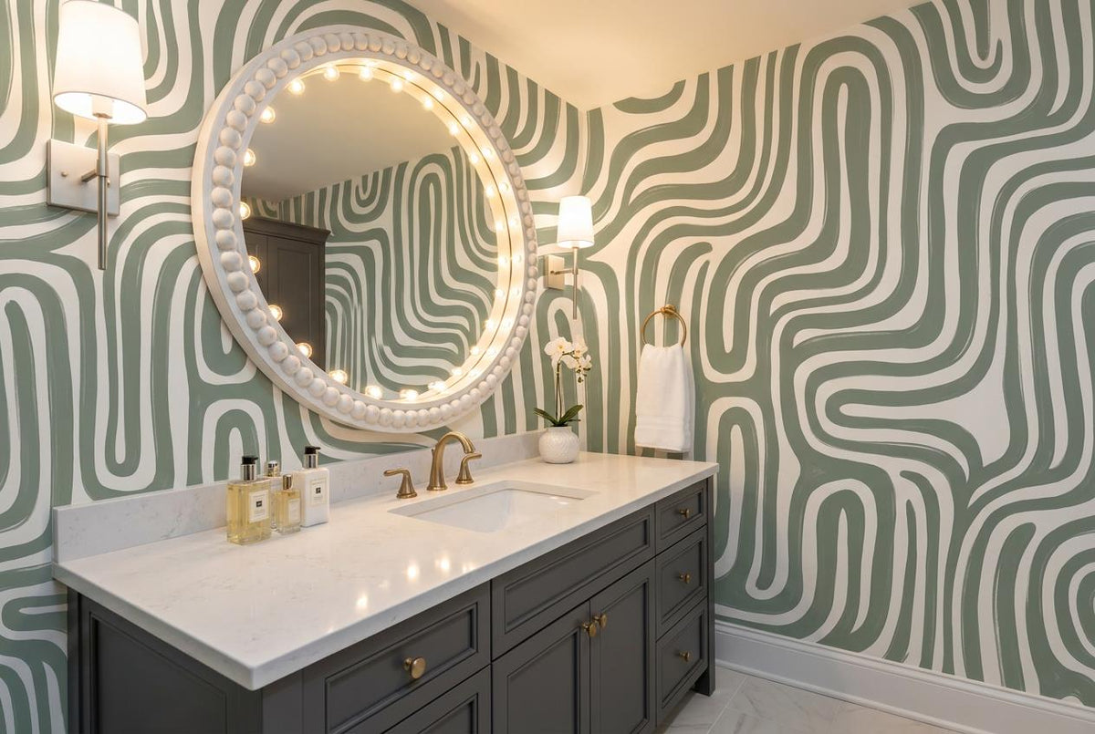 Calm Sage Wavy Stripes Wallpaper Mural - image 3