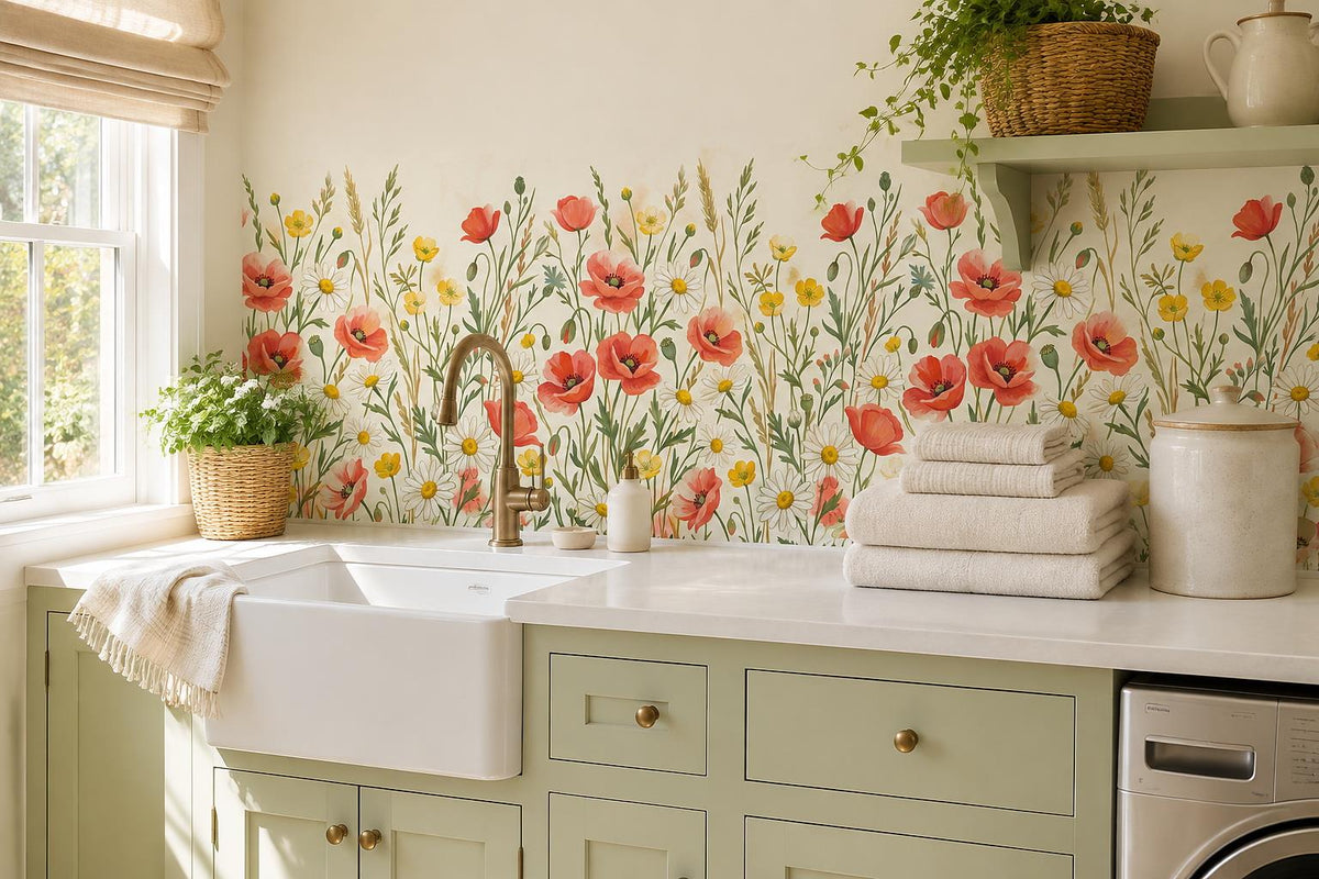 White Poppies Daisies Wallpaper Mural - room view 2