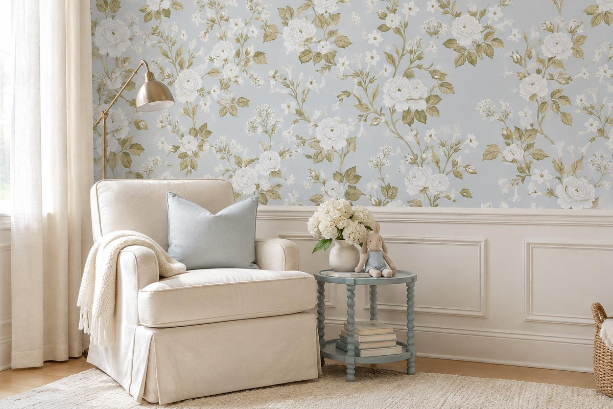 Pale White Roses On Branches Wallpaper Mural - room view 2