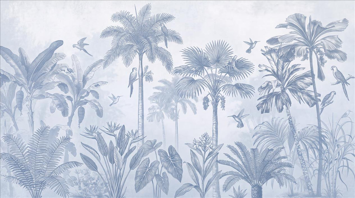 Pale Misty Palms And Birds Wallpaper Mural - pattern detail