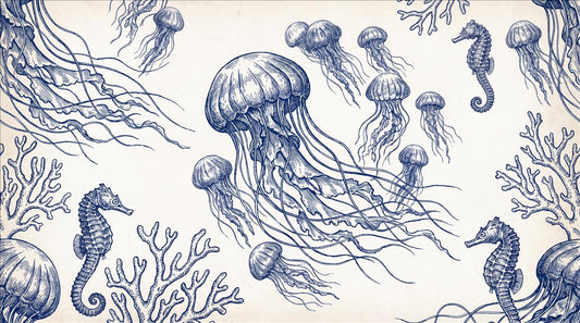 Jellyfish Seahorses Coral Wallpaper Mural - pattern detail