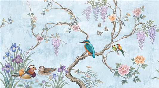 Tranquil Kingfisher Ducks and Wisteria Wallpaper Mural - image 2
