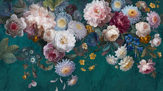 Artistic Flowers On Teal Plaster Wallpaper Mural - image 2