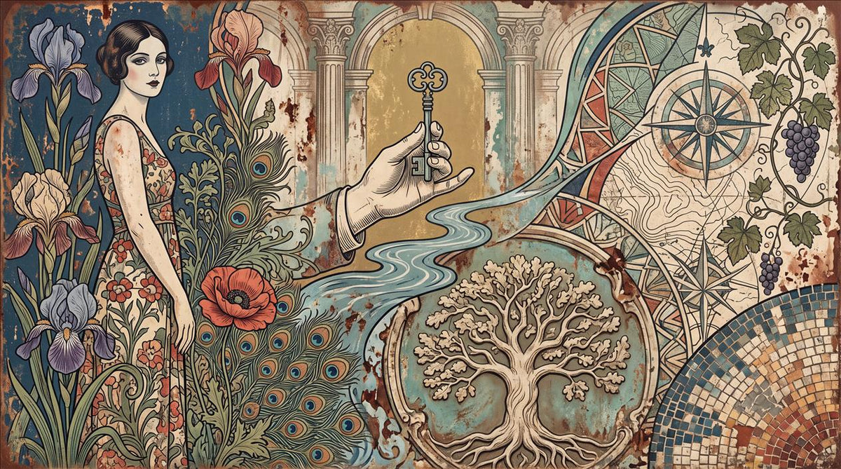 Teal Art Nouveau Woman Compass Wallpaper Mural