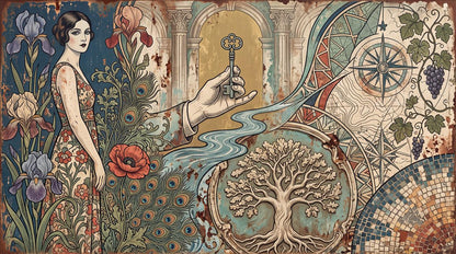 Teal Art Nouveau Woman Compass Wallpaper Mural - pattern detail