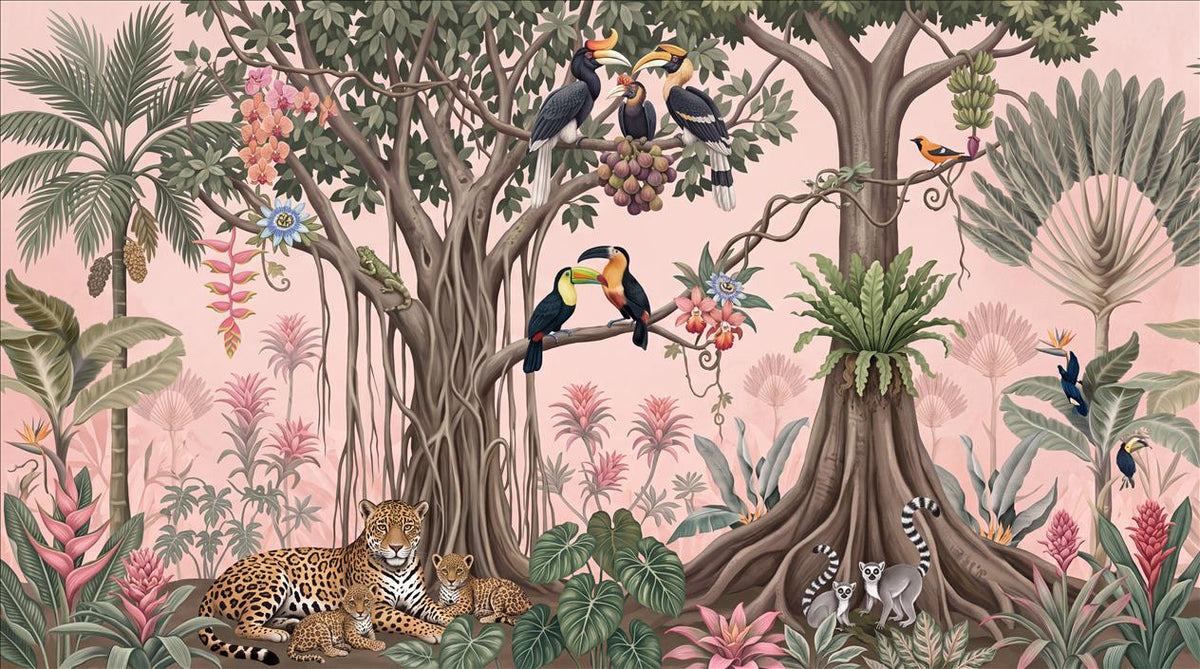 Playful Jungle Tree Leopard and Toucans Wallpaper Mural - image 2