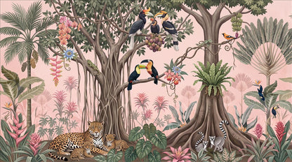 Playful Jungle Tree Leopard and Toucans Wallpaper Mural - image 2