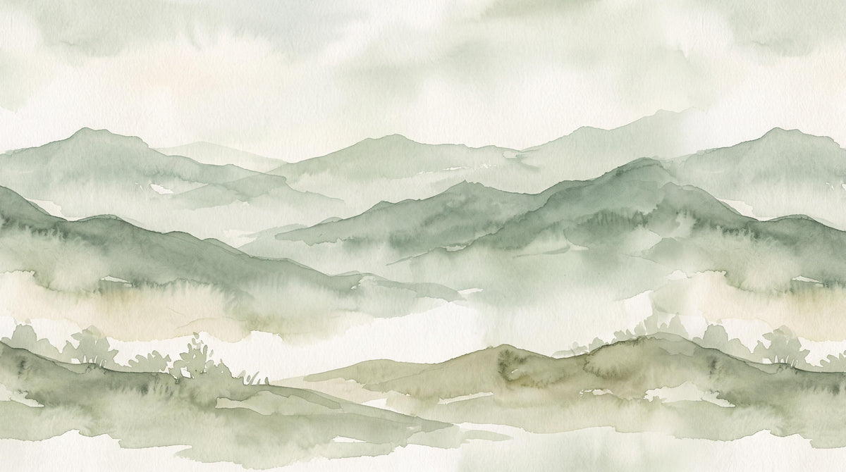 Layered Sage Green Mountains Wallpaper Mural - room view 4