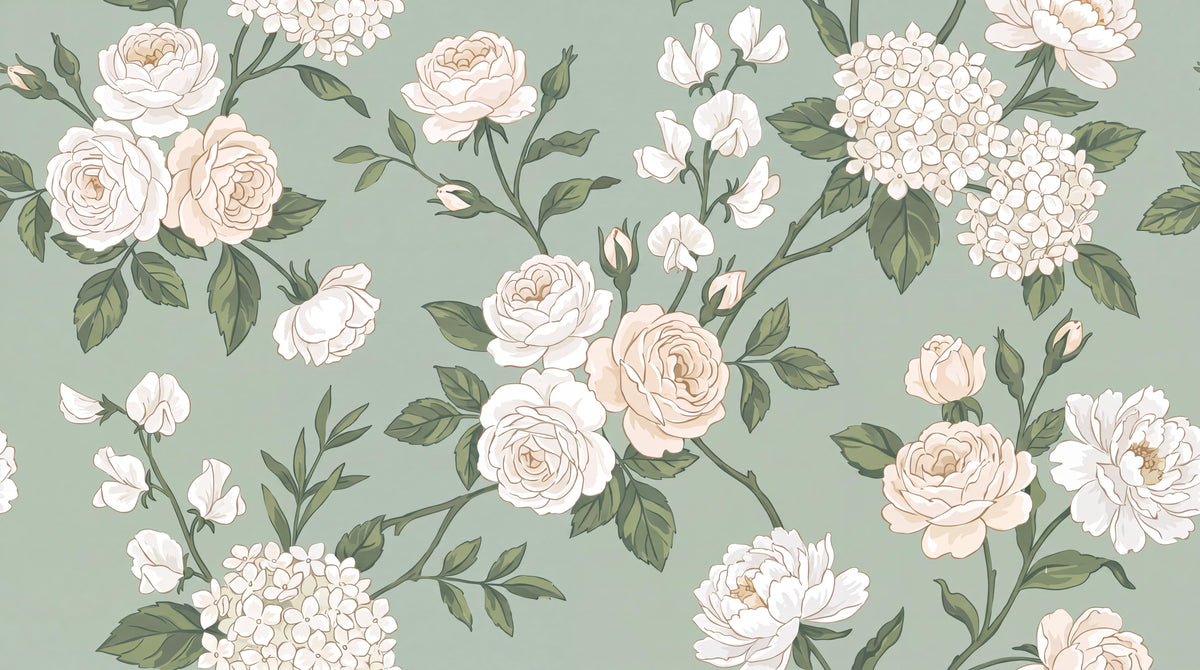 Calm White Roses and Hydrangeas Wallpaper Mural - image 6