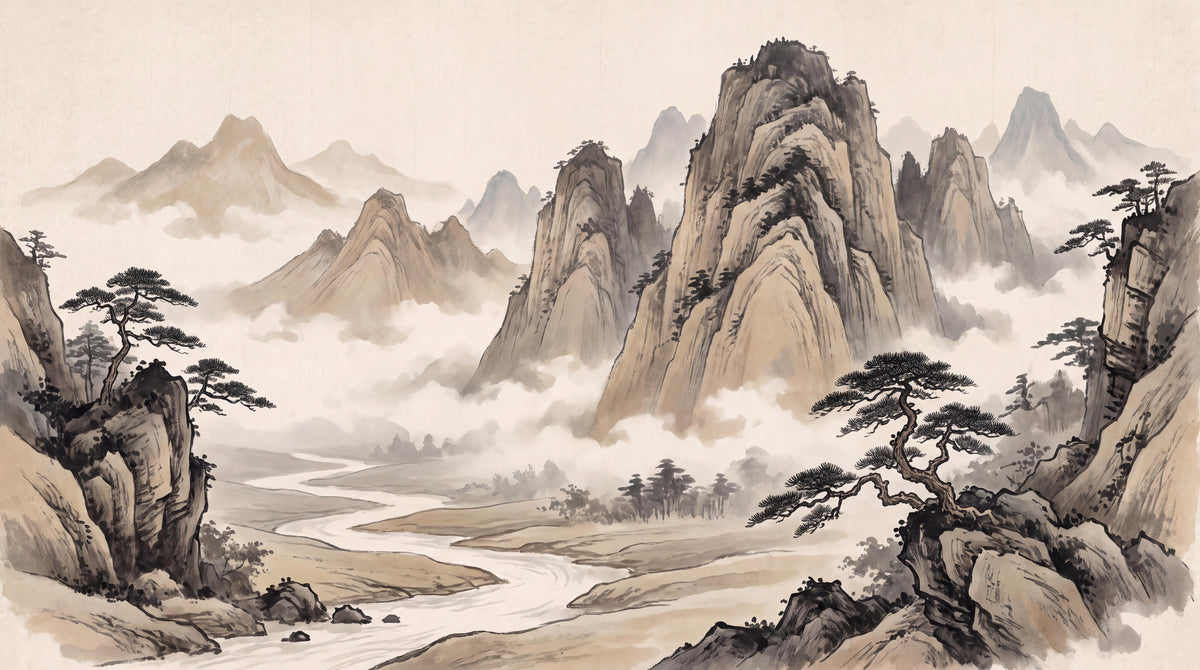 Cream Black Ink Mountains River Wallpaper Mural - room view 5