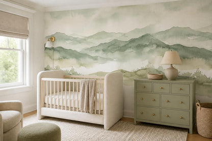 Layered Sage Green Mountains Wallpaper Mural - room view 2
