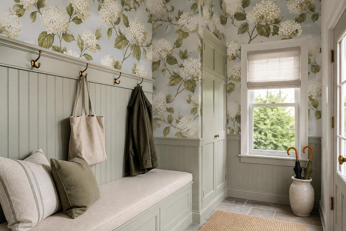 White Hydrangea Blossoms Wallpaper Mural - room view 3