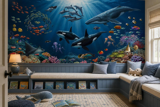 Vivid Orca Dolphins Whale and Coral Reef Wallpaper Mural - image 1