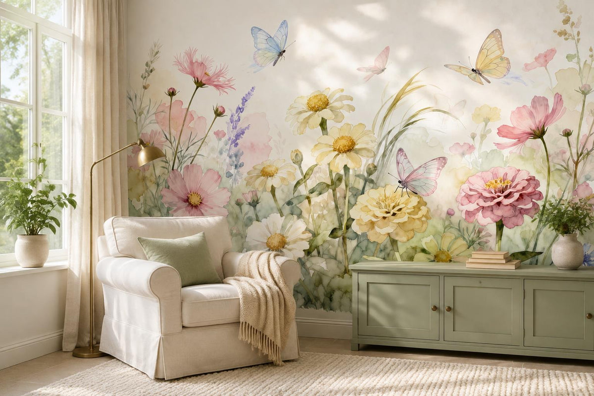 Cheerful Meadow Flowers and Butterflies Wallpaper Mural - image 3