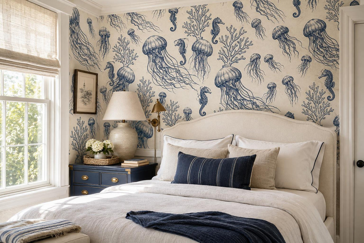 Jellyfish Seahorses Coral Wallpaper Mural - room scene