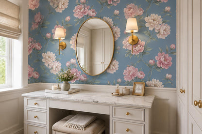 Romantic Pink Peonies On Blue Wallpaper Mural - image 3