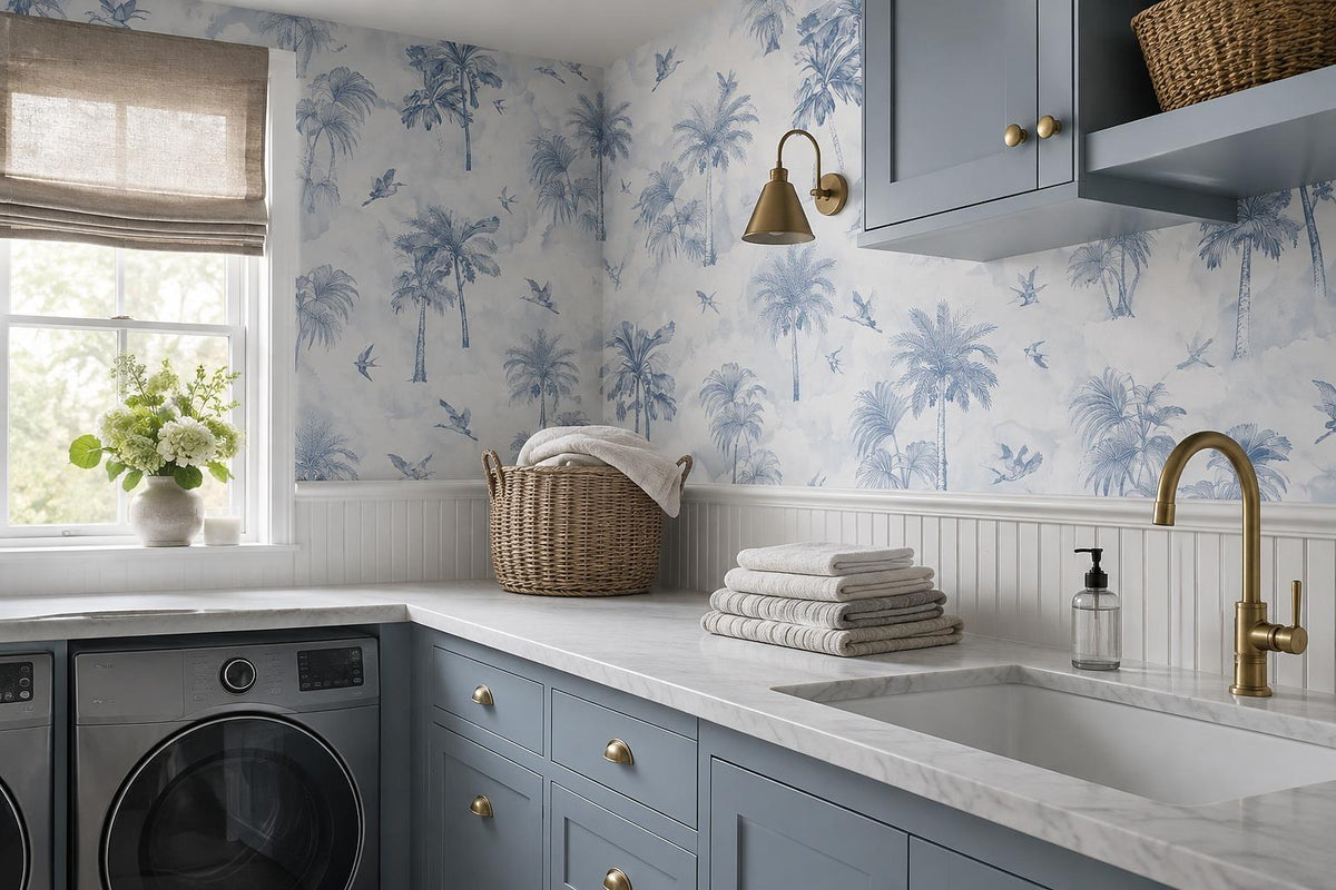 Pale Palm Trees And Flying Birds Wallpaper Mural - room view 2